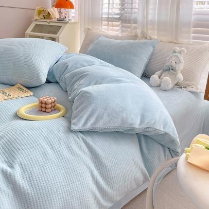 91家纺网 家纺一手货源 找家纺 捌月 新款华夫格牛奶绒四件套 华夫格-蔚蓝有买家秀提供