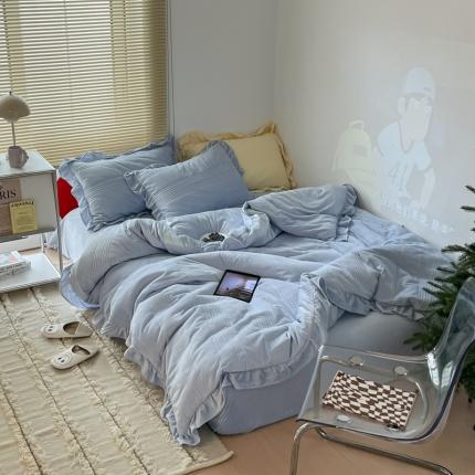 91家纺网 家纺一手货源 找家纺 六巷胡同  2022新款婴儿绒绗缝夹棉四件套 雾霾蓝