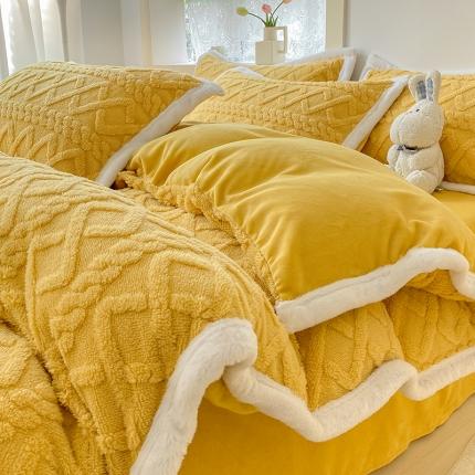 91家纺网 家纺一手货源 找家纺 暮思家居2022新塔芙绒工艺款加厚保暖牛奶绒四件套塔芙绒姜黄