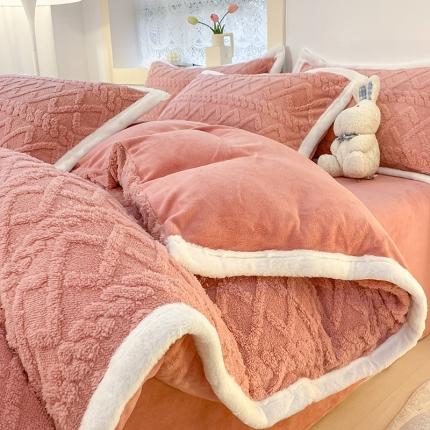 91家纺网 家纺一手货源 找家纺 暮思家居2022新款塔芙绒工艺款加厚保暖牛奶绒四件套-玫瑰粉