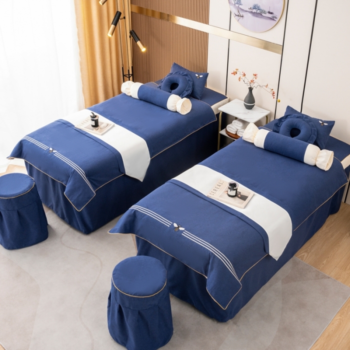 91家纺网 家纺一手货源 找家纺 莉人坊 2023彩棉麻美容床罩-小蜜蜂 小蜜蜂海蓝