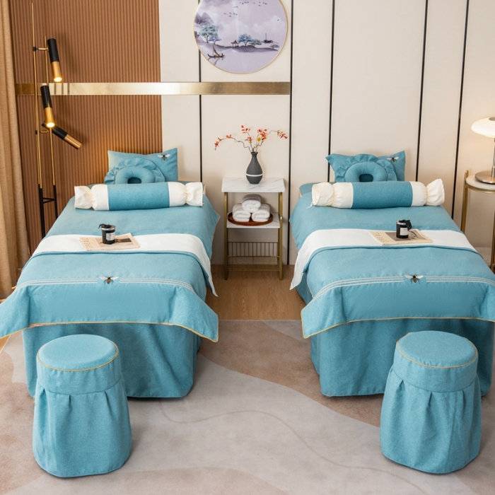 91家纺网 家纺一手货源 找家纺 莉人坊 2023彩棉麻美容床罩-小蜜蜂 小蜜蜂湖蓝