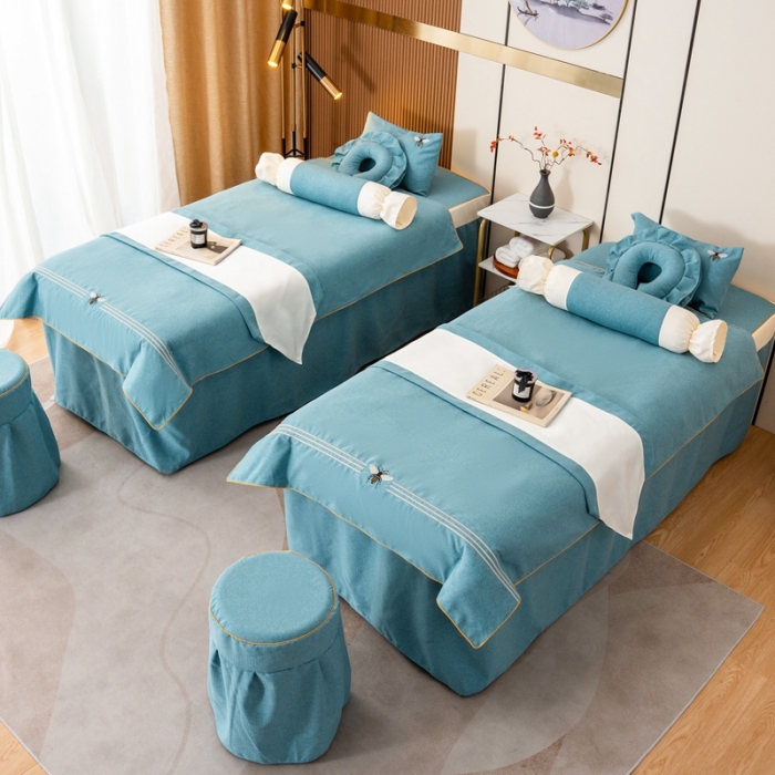 91家纺网 家纺一手货源 找家纺 莉人坊 2023彩棉麻美容床罩-小蜜蜂 小蜜蜂湖蓝