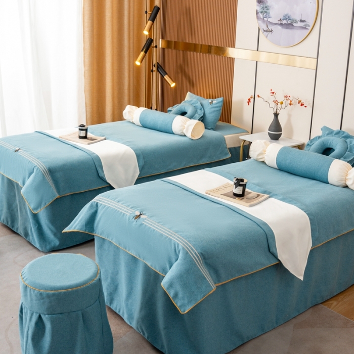 91家纺网 家纺一手货源 找家纺 莉人坊 2023彩棉麻美容床罩-小蜜蜂 小蜜蜂湖蓝