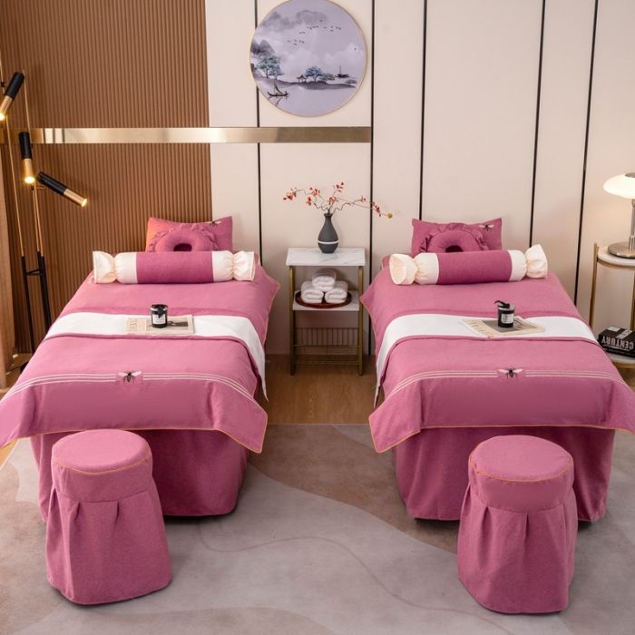 91家纺网 家纺一手货源 找家纺 莉人坊 2023彩棉麻美容床罩-小蜜蜂 小蜜蜂酒红