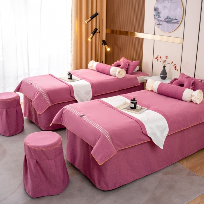 91家纺网 家纺一手货源 找家纺 莉人坊 2023彩棉麻美容床罩-小蜜蜂 小蜜蜂酒红