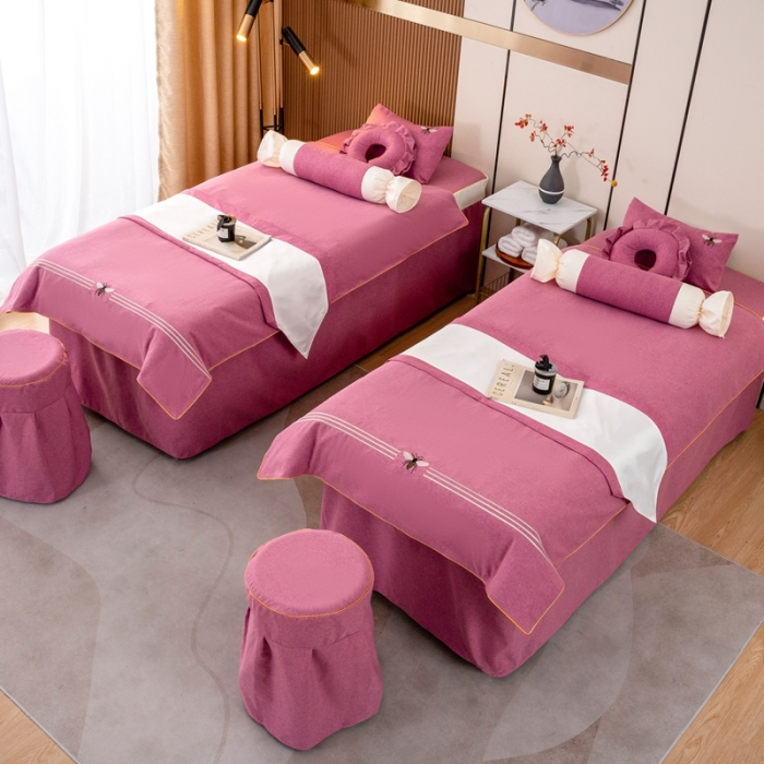 91家纺网 家纺一手货源 找家纺 莉人坊 2023彩棉麻美容床罩-小蜜蜂 小蜜蜂酒红