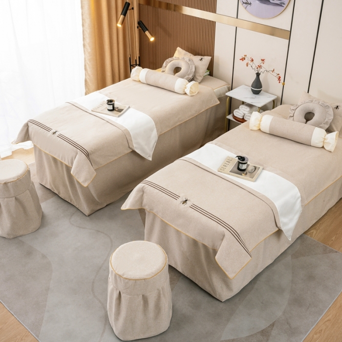 91家纺网 家纺一手货源 找家纺 莉人坊 2023彩棉麻美容床罩-小蜜蜂 小蜜蜂驼色