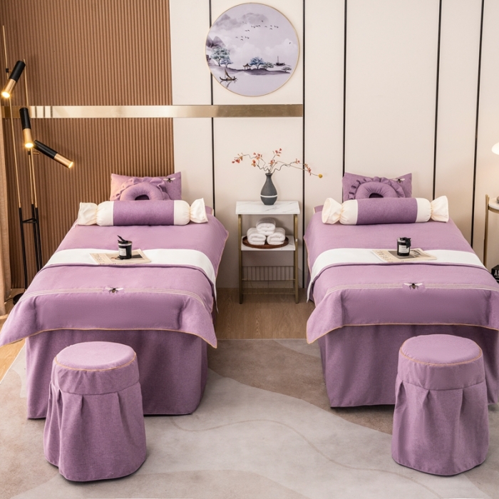 91家纺网 家纺一手货源 找家纺 莉人坊 2023彩棉麻美容床罩-小蜜蜂 小蜜蜂紫色