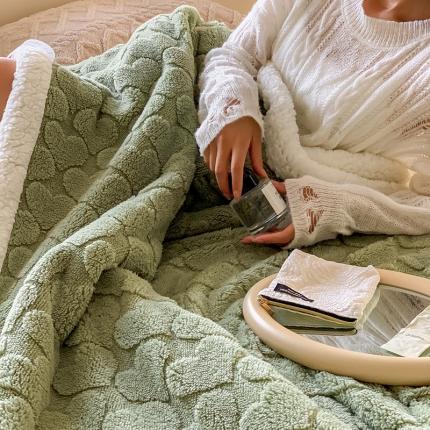 昔可家纺 2022新款ins风纯色保暖塔塔绒多功能毛毯 爱心绿