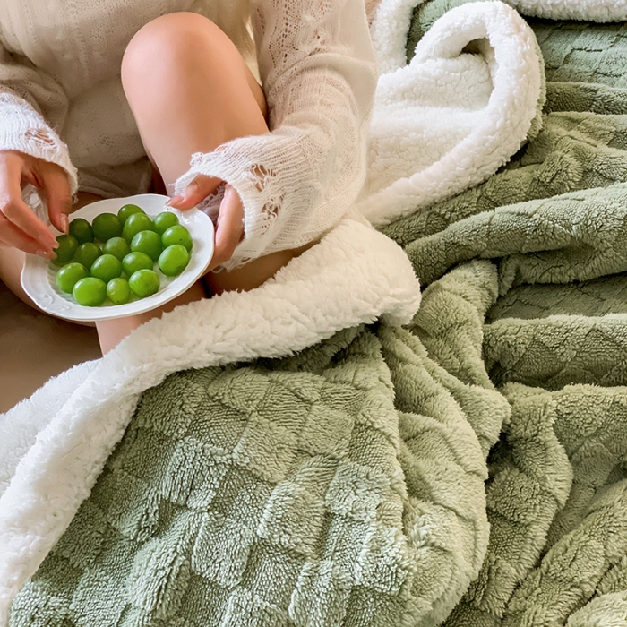 91家纺网 家纺一手货源 找家纺 昔可家纺 2022新款ins风纯色保暖塔塔绒多功能毛毯 棋盘格绿