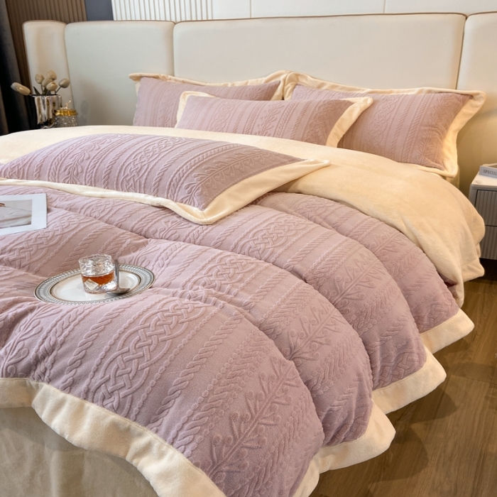 91家纺网 家纺一手货源 找家纺 梦享生活 新款高克重欧式烂花全消光亲肤牛奶绒四件套 欧式烂花-花枝粉