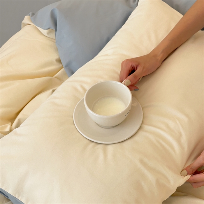 91家纺网 家纺一手货源 找家纺 时光里 2022新款秋冬60支磨毛四件套系列月牙黄拼水蓝