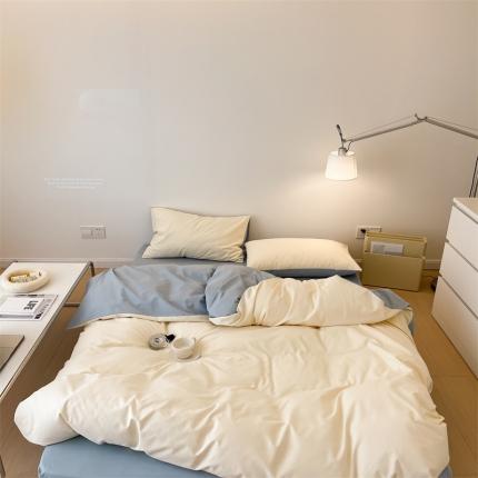 时光里 2022新款秋冬60支磨毛四件套系列月牙黄拼水蓝