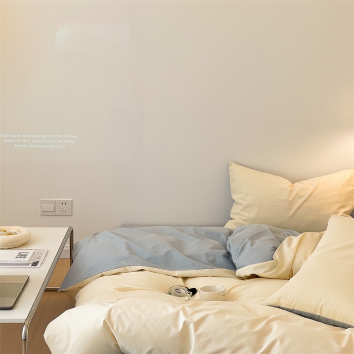 91家纺网 家纺一手货源 找家纺 时光里 2022新款秋冬60支磨毛四件套系列月牙黄拼水蓝