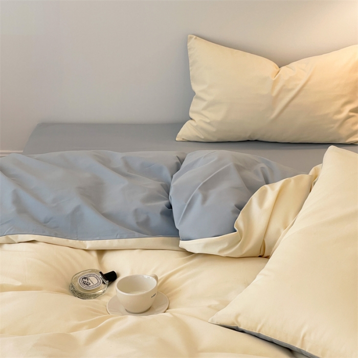 91家纺网 家纺一手货源 找家纺 时光里 2022新款秋冬60支磨毛四件套系列月牙黄拼水蓝