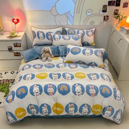 91家纺网 家纺一手货源 找家纺 塔塔2025新款直播爆款高克重圆网包边牛奶绒四件套兔兔宝贝