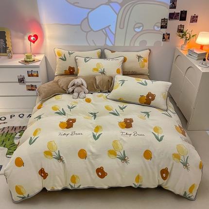 91家纺网 家纺一手货源 找家纺 塔塔2025新款直播爆款高克重圆网包边牛奶绒四件套郁金香小熊