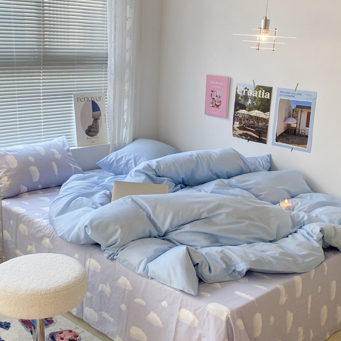 91家纺网 家纺一手货源 找家纺 昔可家纺 2022新款全棉ins云朵系列四件套 蓝云朵-被套蓝