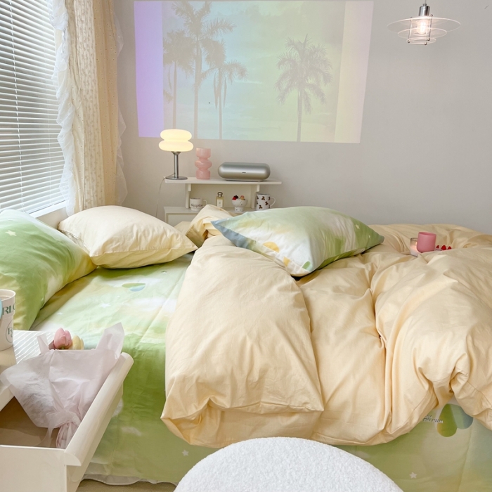 91家纺网 家纺一手货源 找家纺 昔可家纺 2022新款全棉ins云朵系列四件套 绿色星空-被套黄