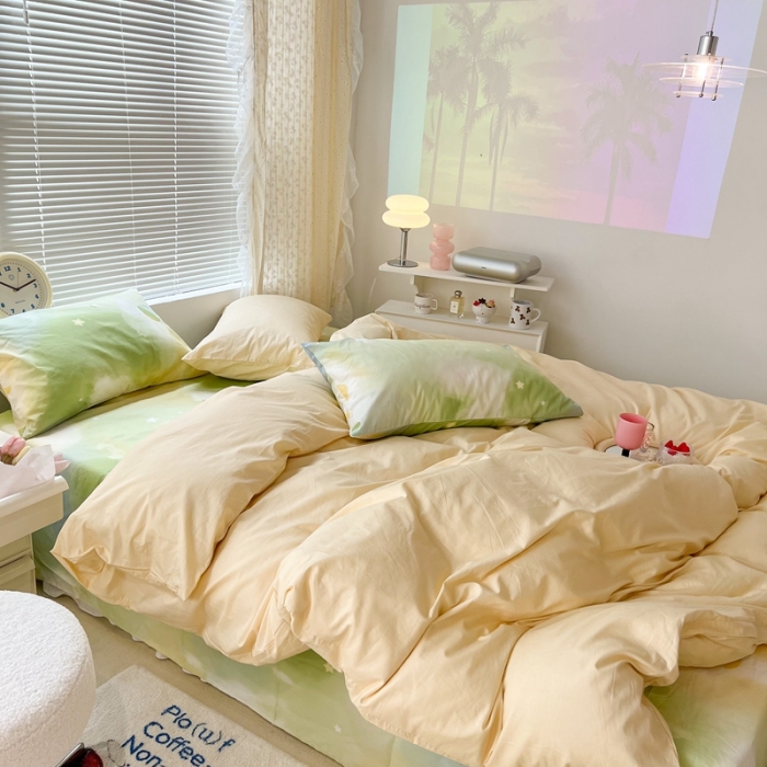 91家纺网 家纺一手货源 找家纺 昔可家纺 2022新款全棉ins云朵系列四件套 绿色星空-被套黄