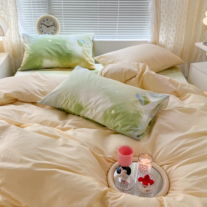 91家纺网 家纺一手货源 找家纺 昔可家纺 2022新款全棉ins云朵系列四件套 绿色星空-被套黄