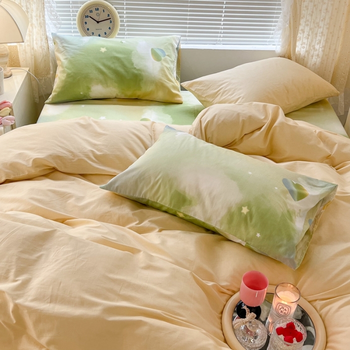 91家纺网 家纺一手货源 找家纺 昔可家纺 2022新款全棉ins云朵系列四件套 绿色星空-被套黄