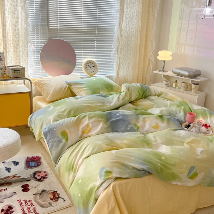 91家纺网 家纺一手货源 找家纺 昔可家纺 2022新款全棉ins云朵系列四件套 绿色星空-被套星空