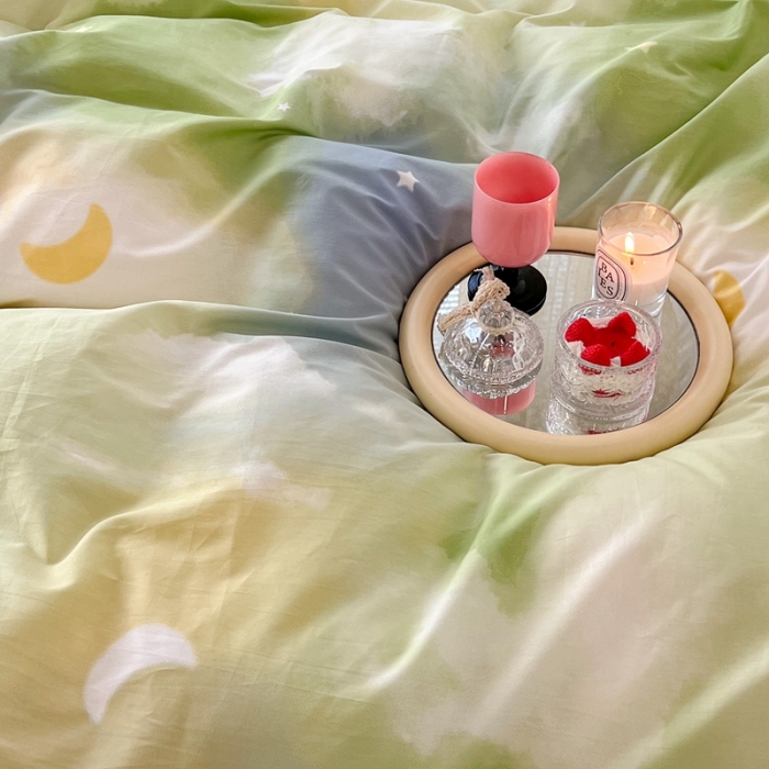 91家纺网 家纺一手货源 找家纺 昔可家纺 2022新款全棉ins云朵系列四件套 绿色星空-被套星空