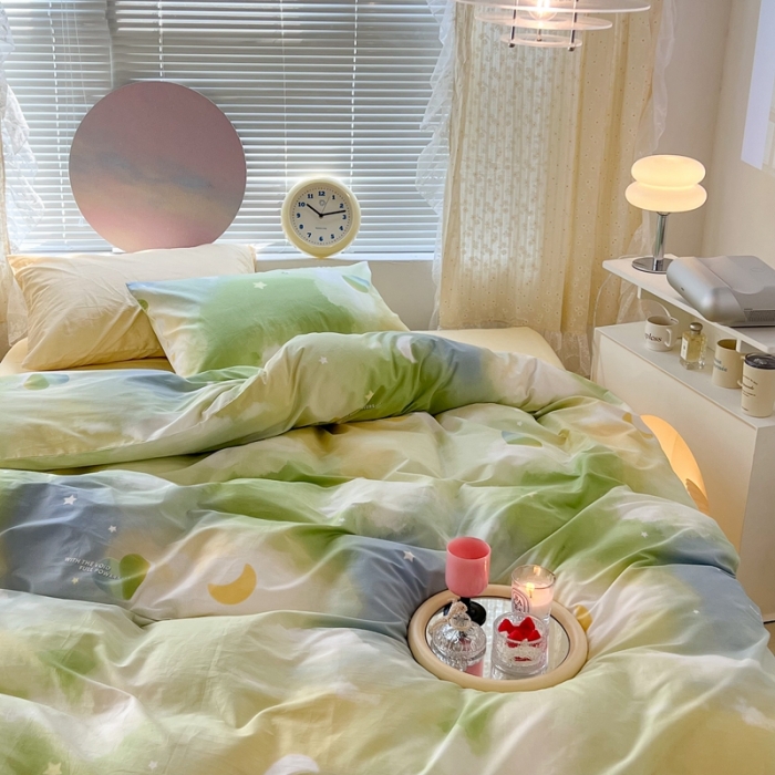 91家纺网 家纺一手货源 找家纺 昔可家纺 2022新款全棉ins云朵系列四件套 绿色星空-被套星空