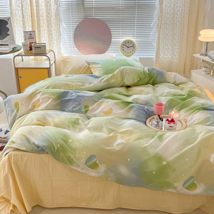 91家纺网 家纺一手货源 找家纺 昔可家纺 2022新款全棉ins云朵系列四件套 绿色星空-被套星空