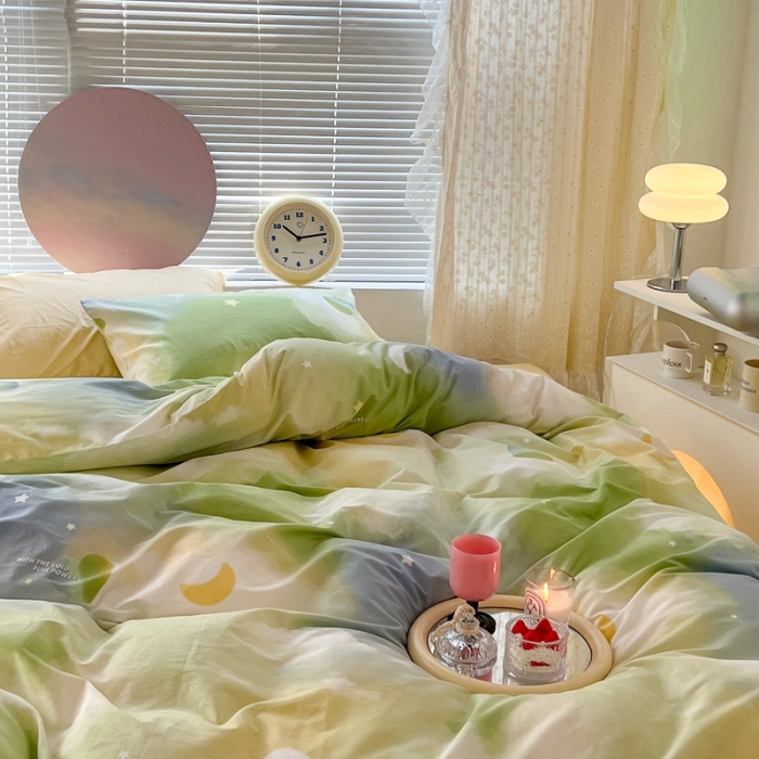 91家纺网 家纺一手货源 找家纺 昔可家纺 2022新款全棉ins云朵系列四件套 绿色星空-被套星空