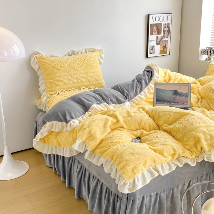 91家纺网 家纺一手货源 找家纺 （总）蝶帕 2024新韩版花边塔芙绒四件套牛奶绒三件套