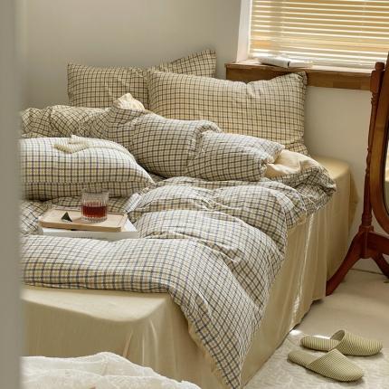 91家纺网 家纺一手货源 找家纺 艾咪 新款全棉水洗棉色织小提花四件套/三件套 梵希-杏黄