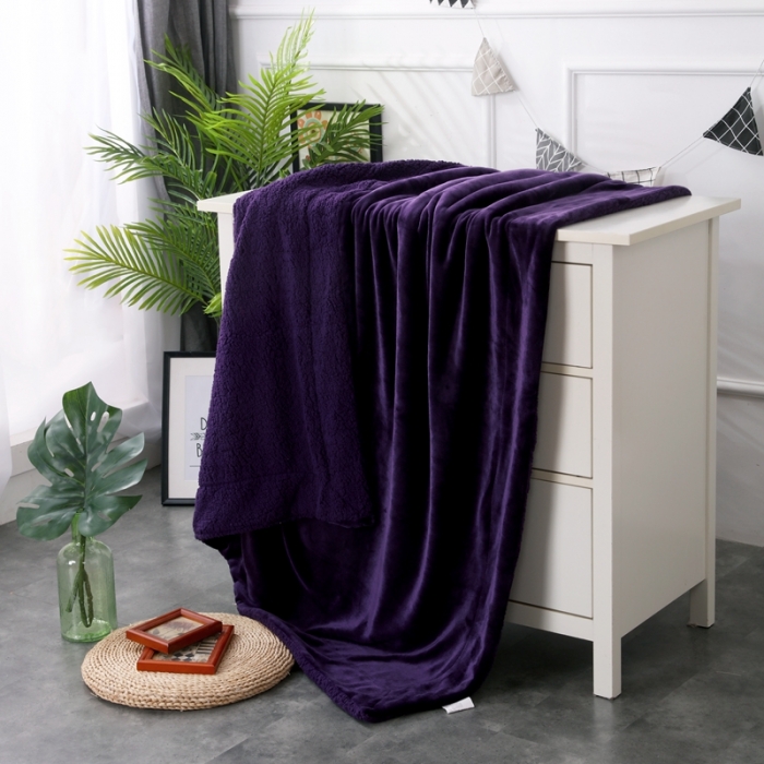 91家纺网 家纺一手货源 找家纺 卡琪曼 2022新双面法兰绒羊羔绒毛毯办公室午睡盖毯子 紫色