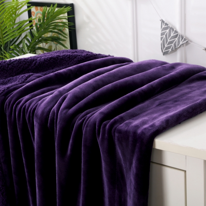 91家纺网 家纺一手货源 找家纺 卡琪曼 2022新双面法兰绒羊羔绒毛毯办公室午睡盖毯子 紫色