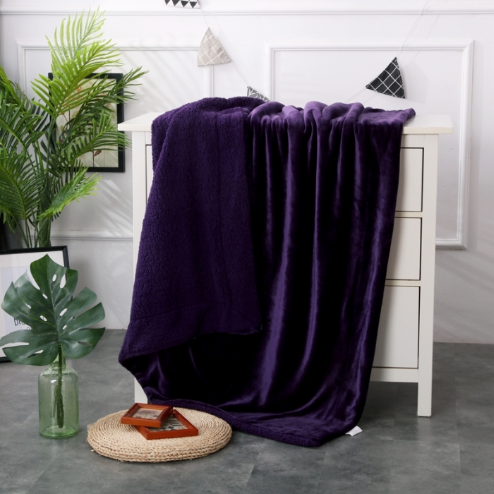 91家纺网 家纺一手货源 找家纺 卡琪曼 2022新双面法兰绒羊羔绒毛毯办公室午睡盖毯子 紫色