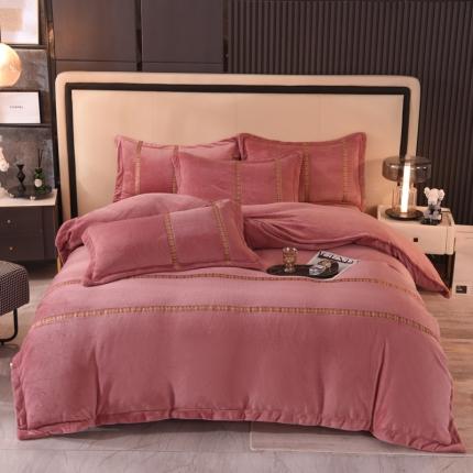 91家纺网 家纺一手货源 找家纺 七七 2025新款保暖加厚提花牛奶绒四件套 寐语-豆沙红