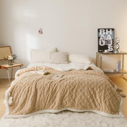 简爱-2025加厚舒棉绒羊羔绒盖毯毛毯 菱形茉格-米驼色