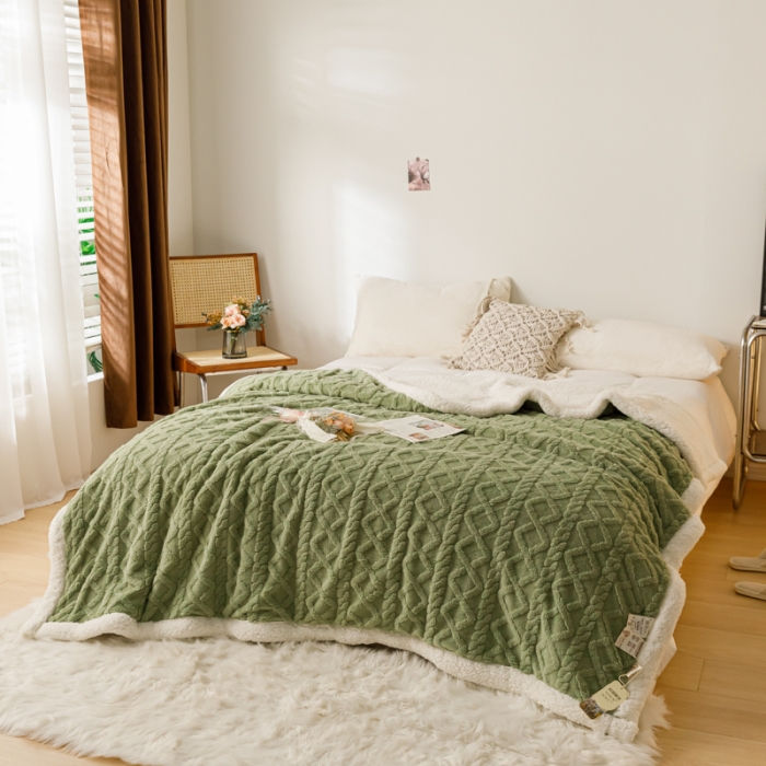 91家纺网 家纺一手货源 找家纺 简爱-2026加厚舒棉绒羊羔绒盖毯毛毯 菱形茉格-抹茶绿