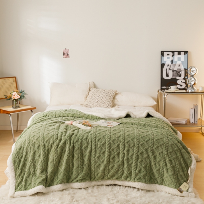 91家纺网 家纺一手货源 找家纺 简爱-2026加厚舒棉绒羊羔绒盖毯毛毯 菱形茉格-抹茶绿