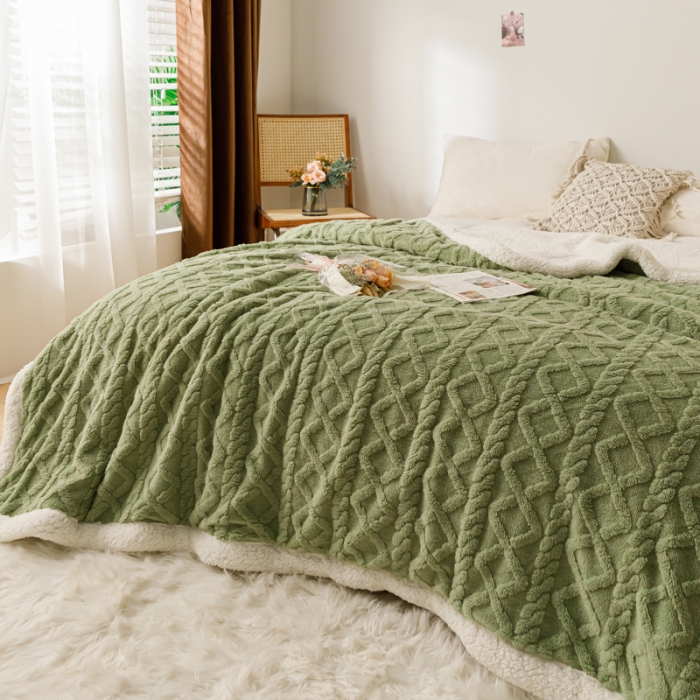 91家纺网 家纺一手货源 找家纺 简爱-2026加厚舒棉绒羊羔绒盖毯毛毯 菱形茉格-抹茶绿
