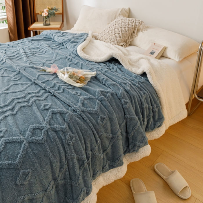 91家纺网 家纺一手货源 找家纺 简爱-2026加厚舒棉绒羊羔绒盖毯毛毯 纹路菱形格-暮色蓝