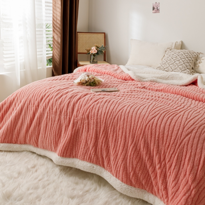 91家纺网 家纺一手货源 找家纺 简爱-2025加厚舒棉绒羊羔绒盖毯毛毯 水漾纹-樱花粉