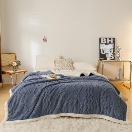 简爱-2025加厚舒棉绒羊羔绒盖毯毛毯 纹路菱形格-北卡蓝