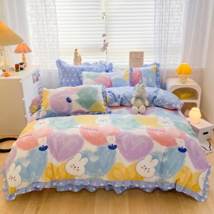 上尚居 2024新款小清新韩版花边磨毛四件套水洗棉爱心兔