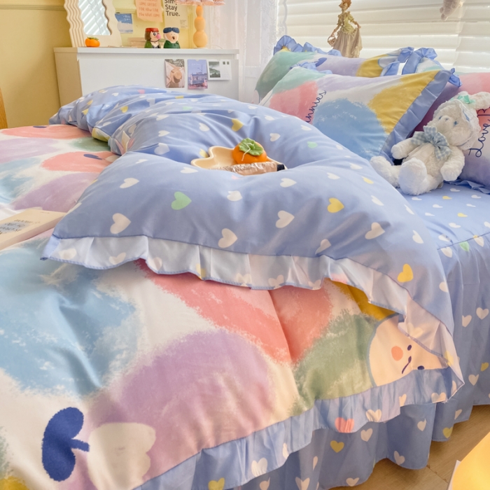 91家纺网 家纺一手货源 找家纺 上尚居 2024新款小清新韩版花边磨毛四件套水洗棉爱心兔