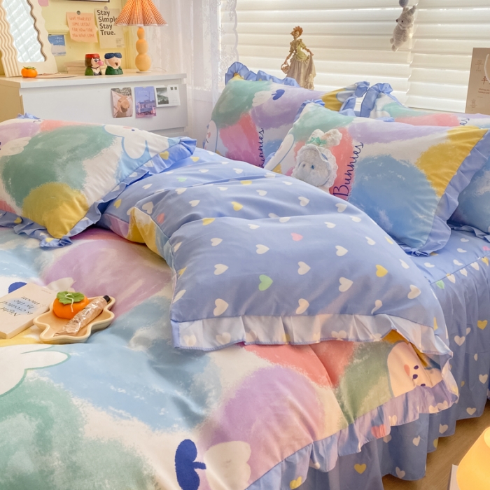 91家纺网 家纺一手货源 找家纺 上尚居 2024新款小清新韩版花边磨毛四件套水洗棉爱心兔