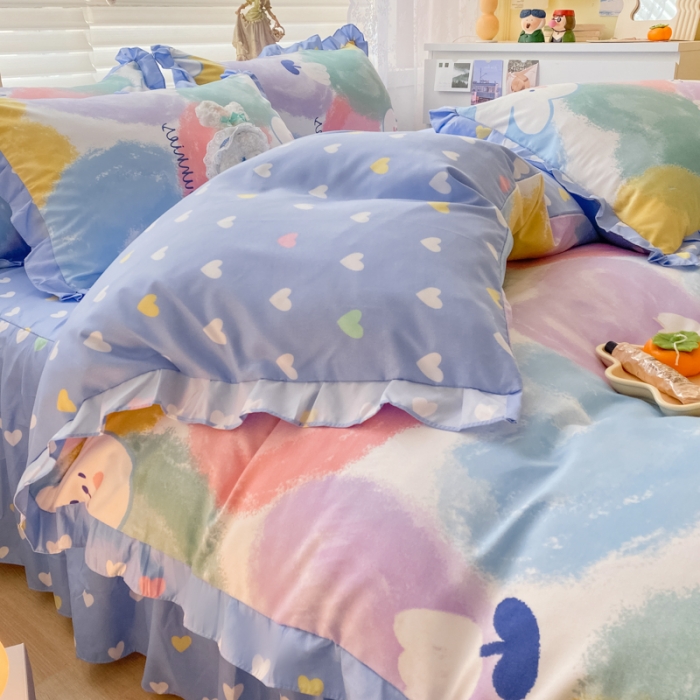 91家纺网 家纺一手货源 找家纺 上尚居 2024新款小清新韩版花边磨毛四件套水洗棉爱心兔