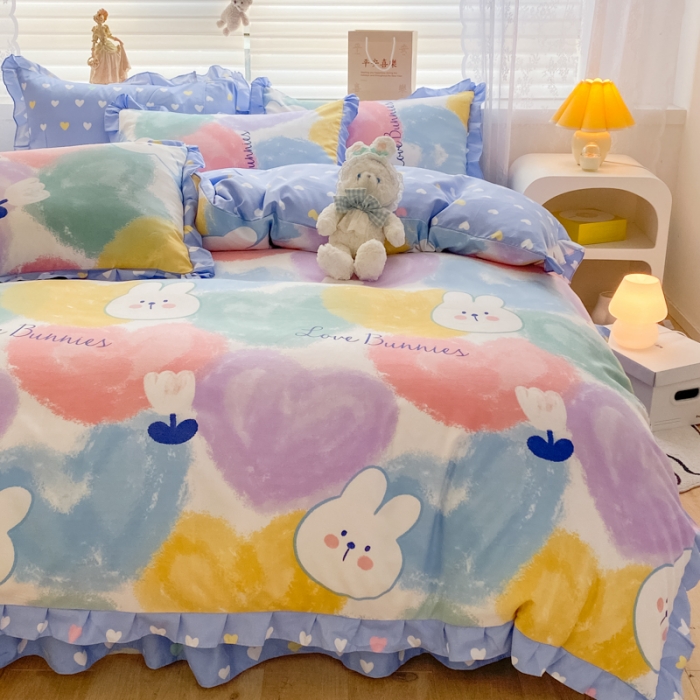 91家纺网 家纺一手货源 找家纺 上尚居 2024新款小清新韩版花边磨毛四件套水洗棉爱心兔